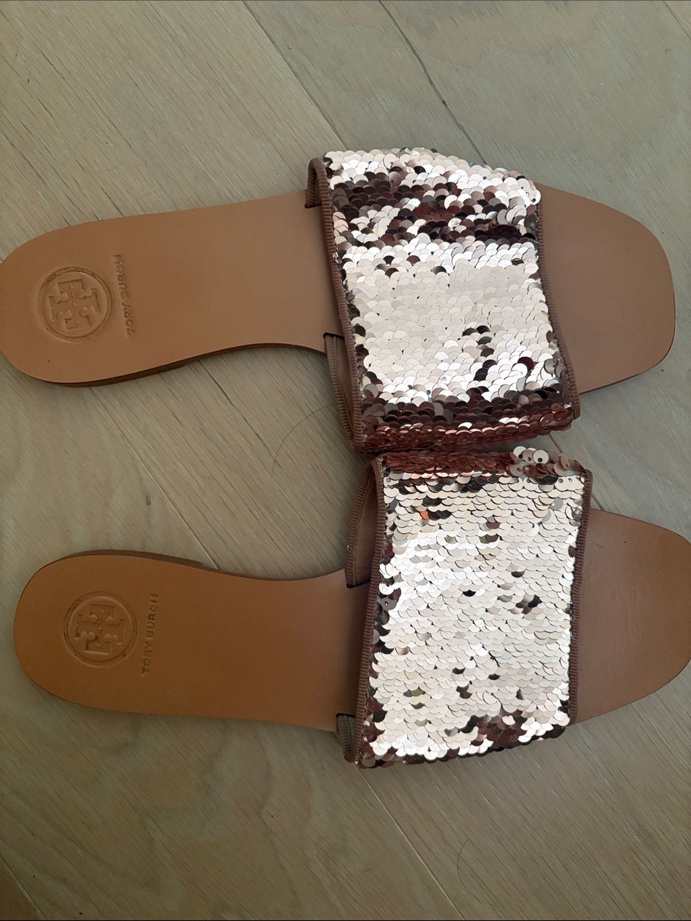 Tory Burch Rose Gold Sequin Slide Sandals with Tan Footbed